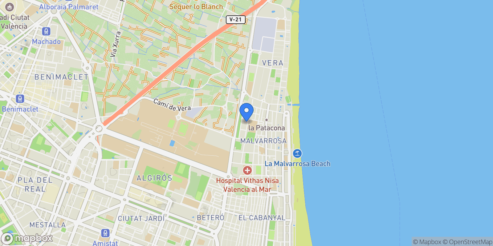 Map showing El Cabanyal - El Canyamelar, Valencia, VALENCIA, Valencia, Playa De La Malvarrosa, Poblats Maritims, Valencia.