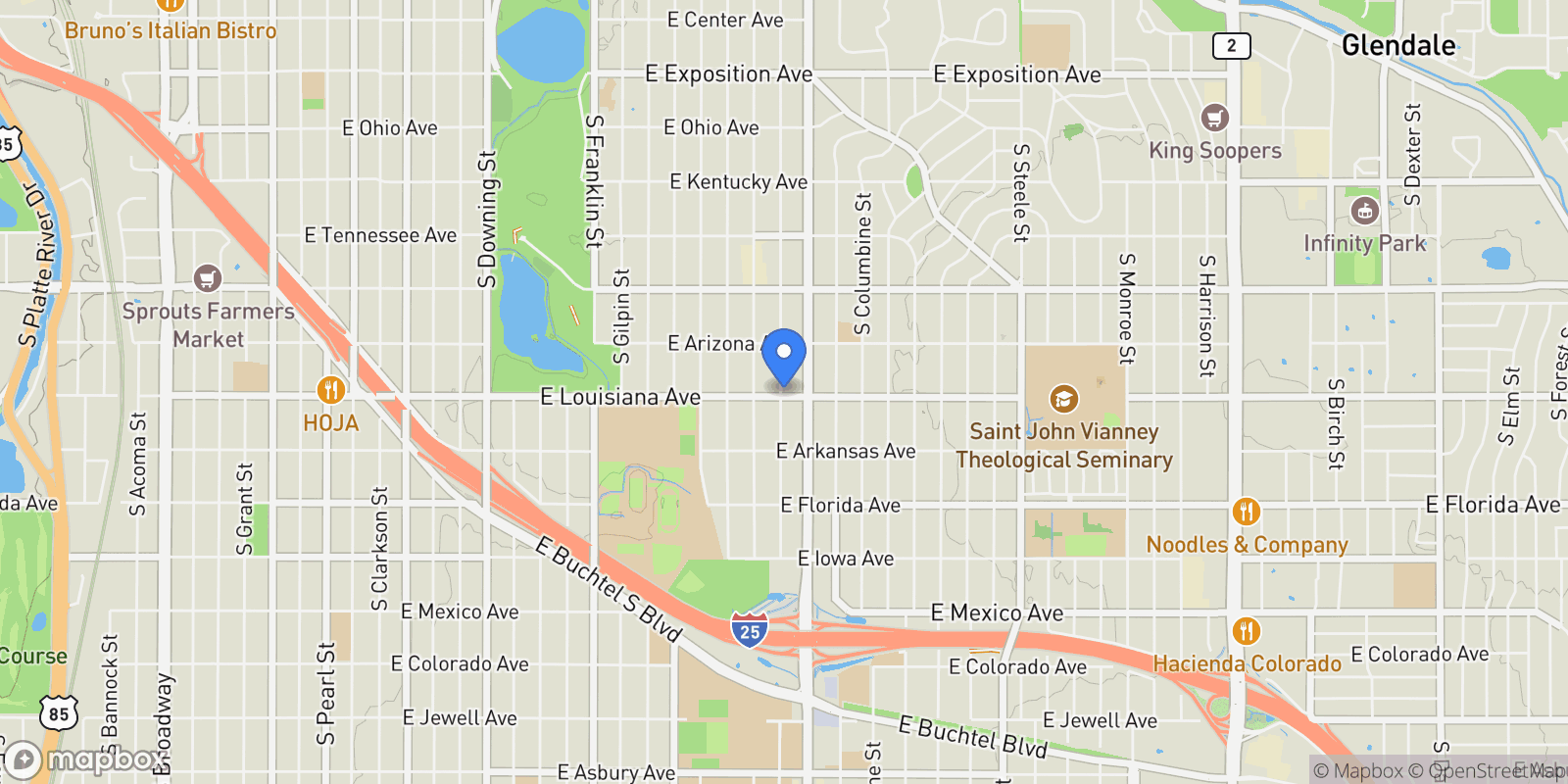Map showing 1296 S York Street, Denver, Colorado, United States.