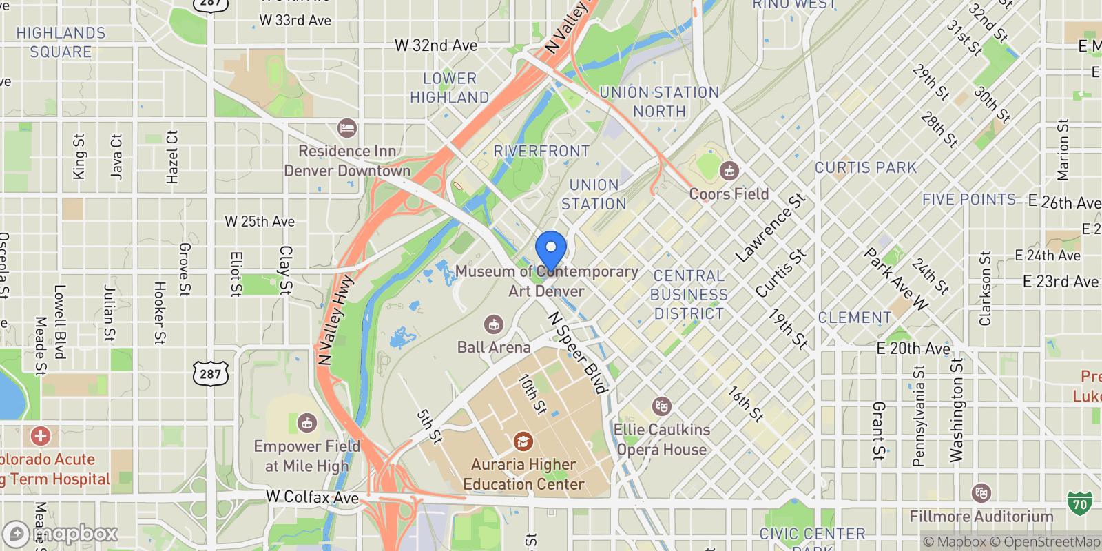 Map showing 1401 Wewatta Street 1202, Denver, Colorado, United States.