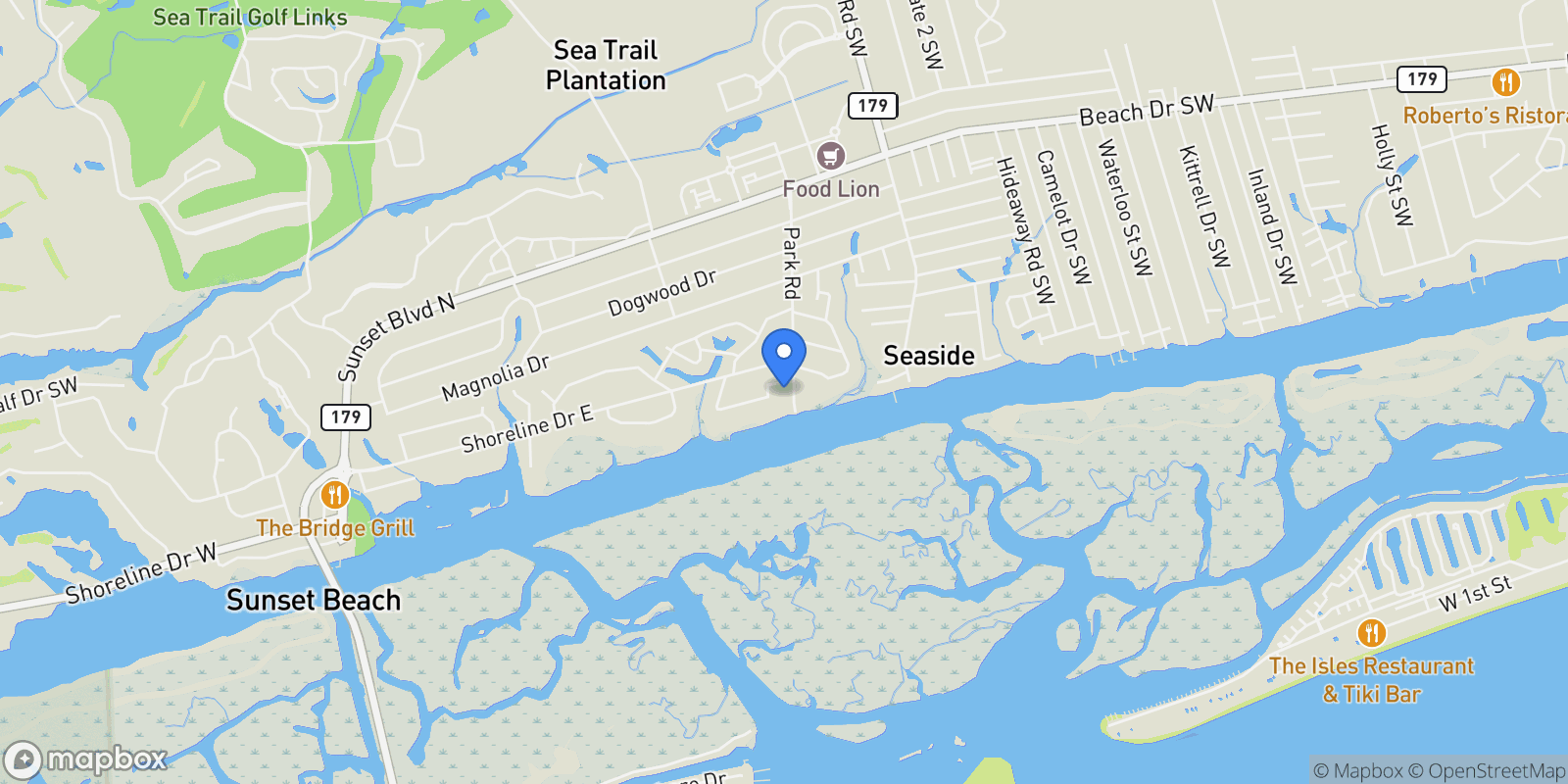 Map showing 726 Waterway Drive SW, Sunset Beach, North Carolina, United States.
