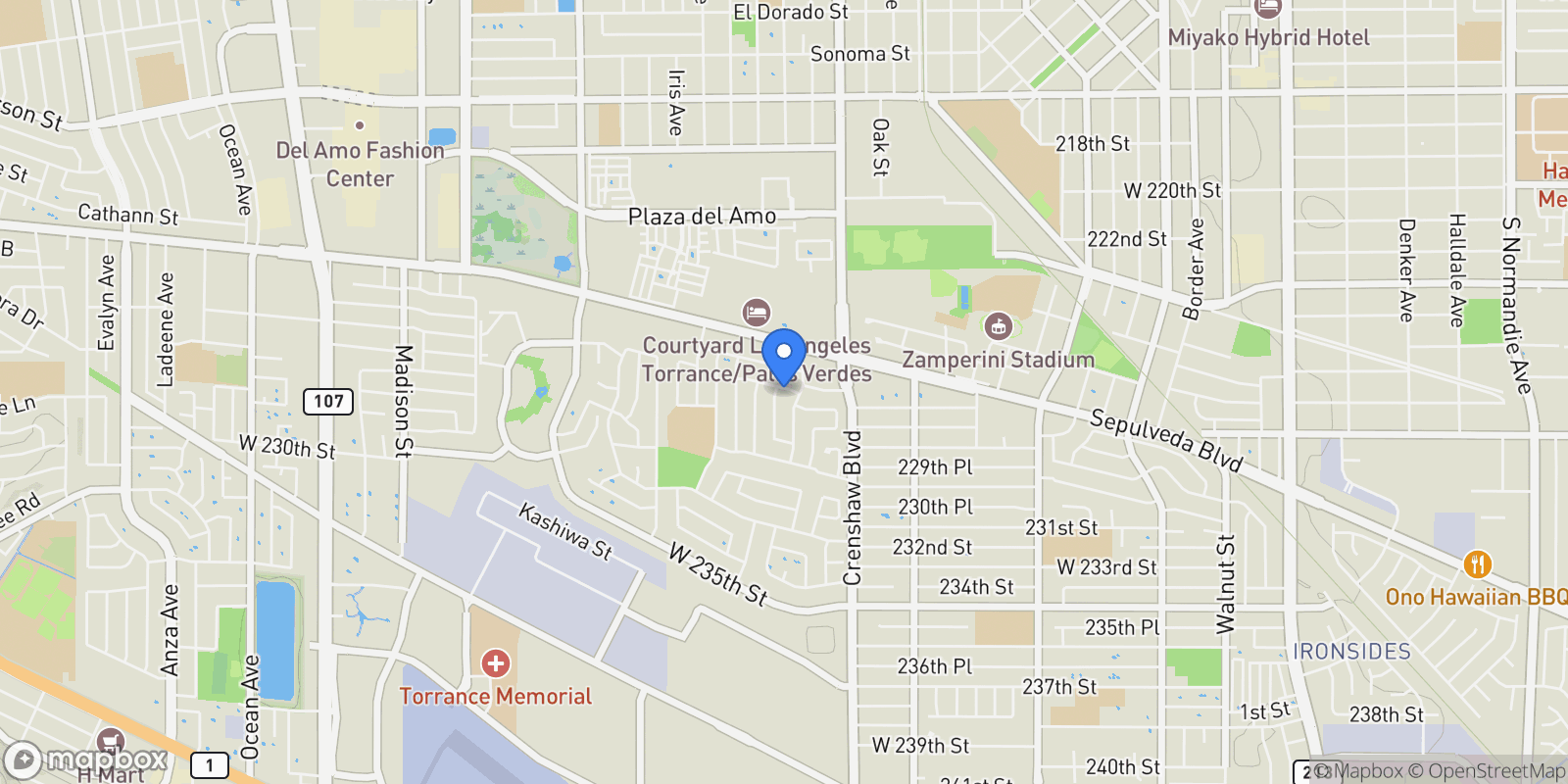 Map showing 2621 W 226th Street, Torrance, California, United States.