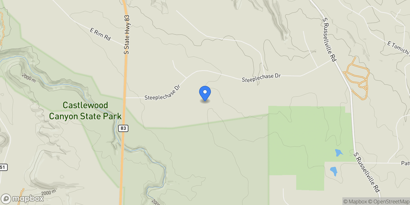 Map showing 8780 Steeplechase Drive, Franktown, Colorado, United States.