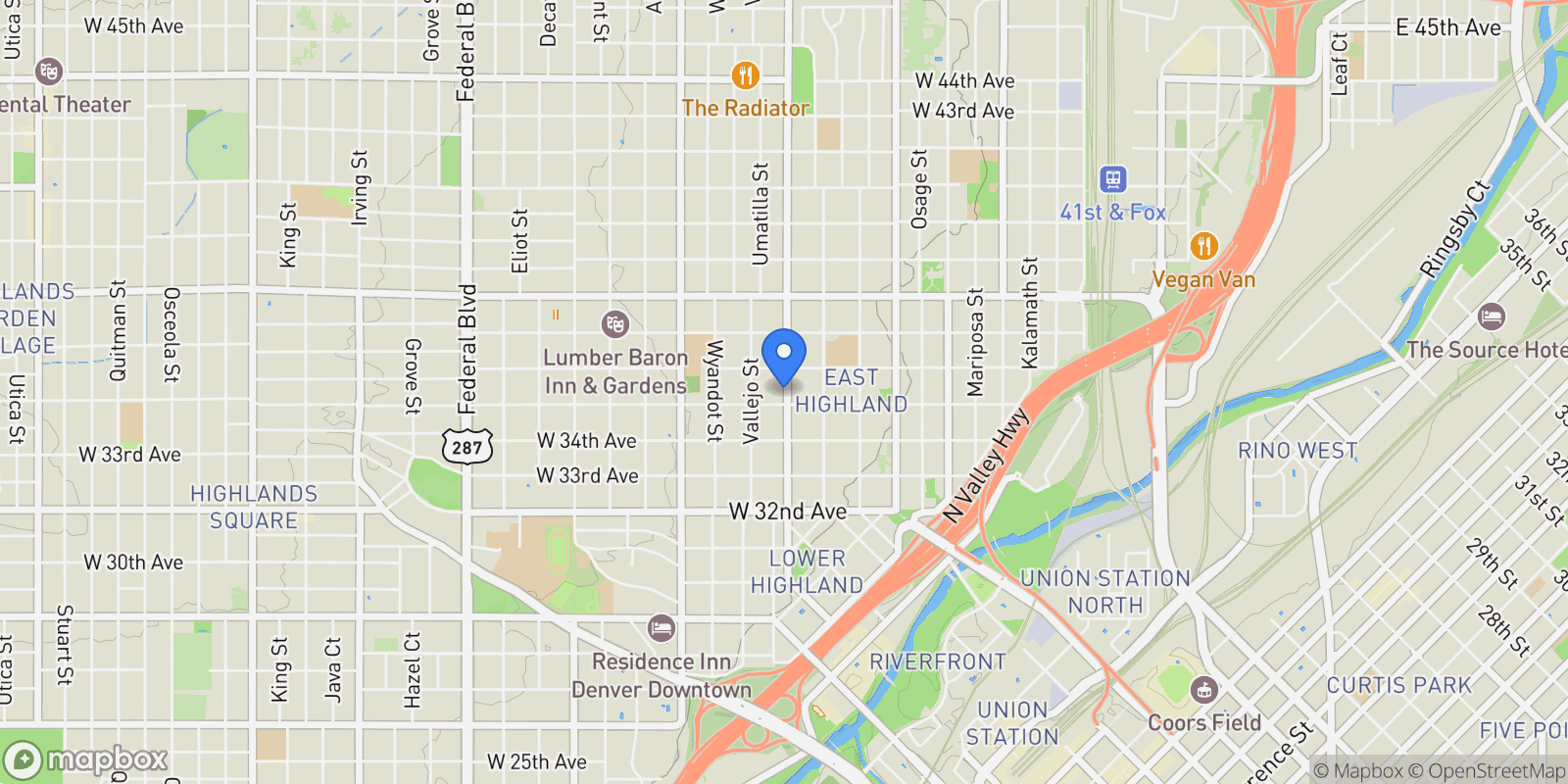 Map showing 3535 Tejon Street, Denver, Colorado, United States.