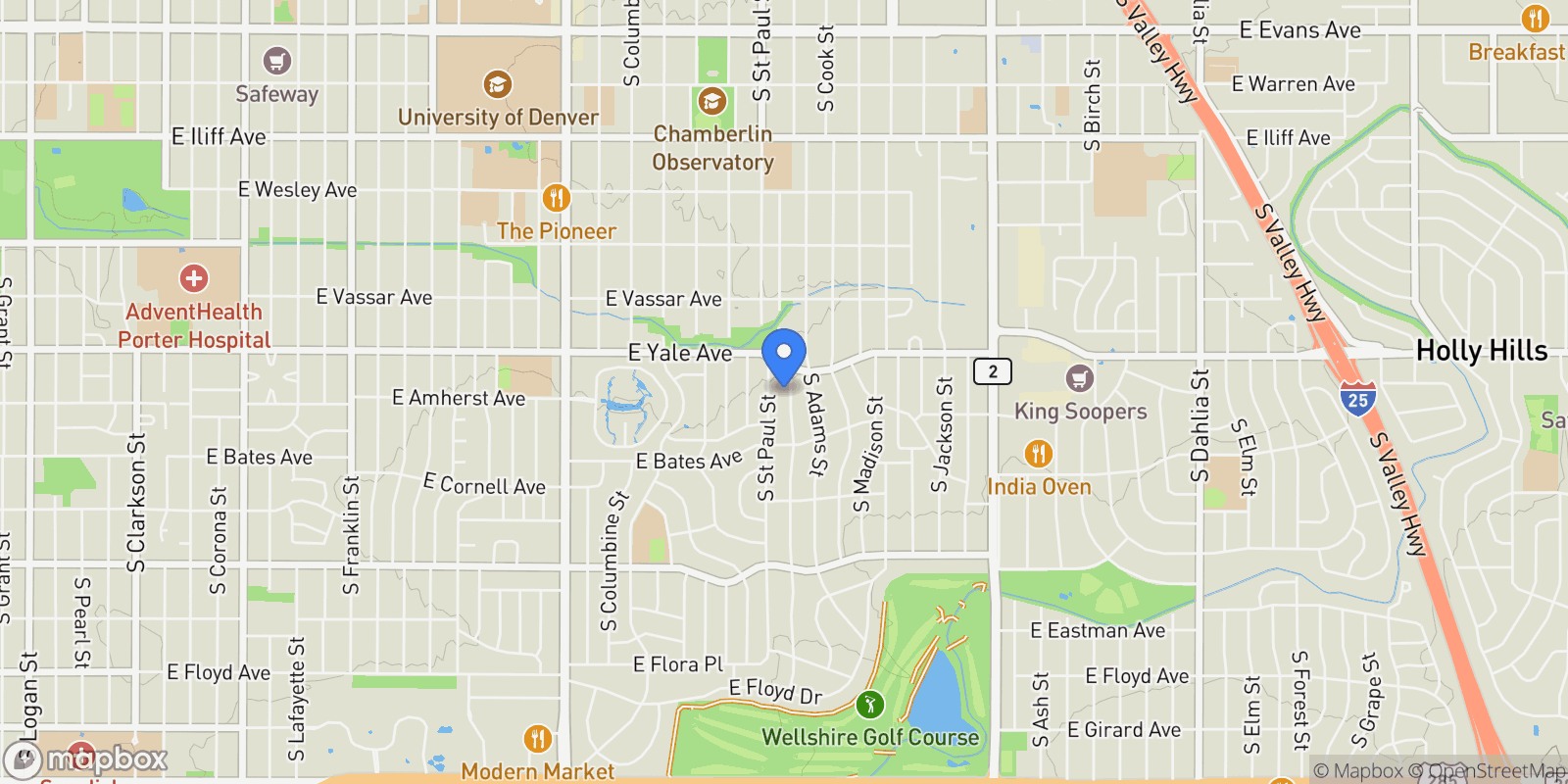 Map showing 2757 S Steele Street, Denver, Colorado, United States.
