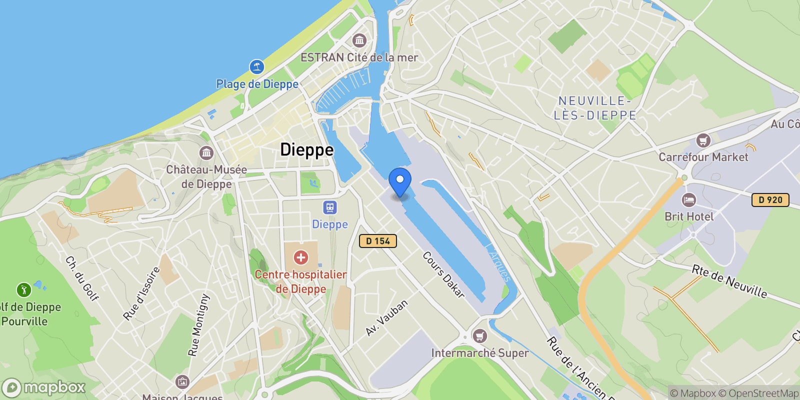 Map showing Dieppe, Normandy, France.