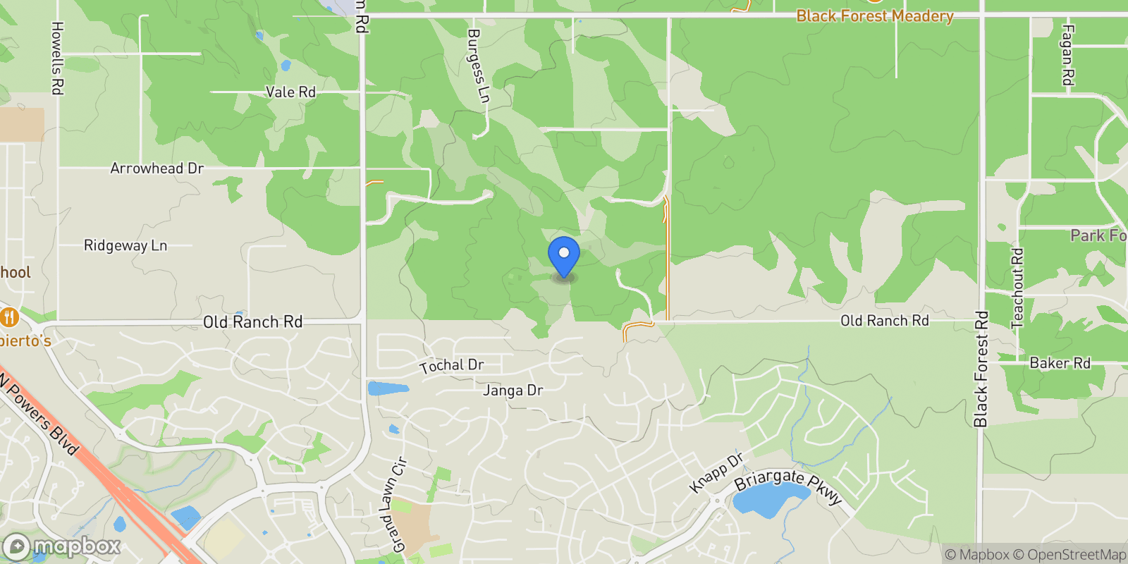 Map showing 10780 S Forest Drive, Colorado Springs, Colorado, United States.