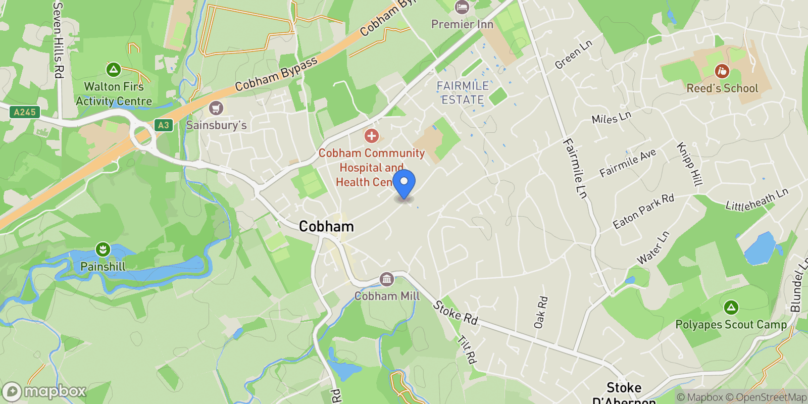 Map showing Fairmile Lane, Cobham, England, United Kingdom.