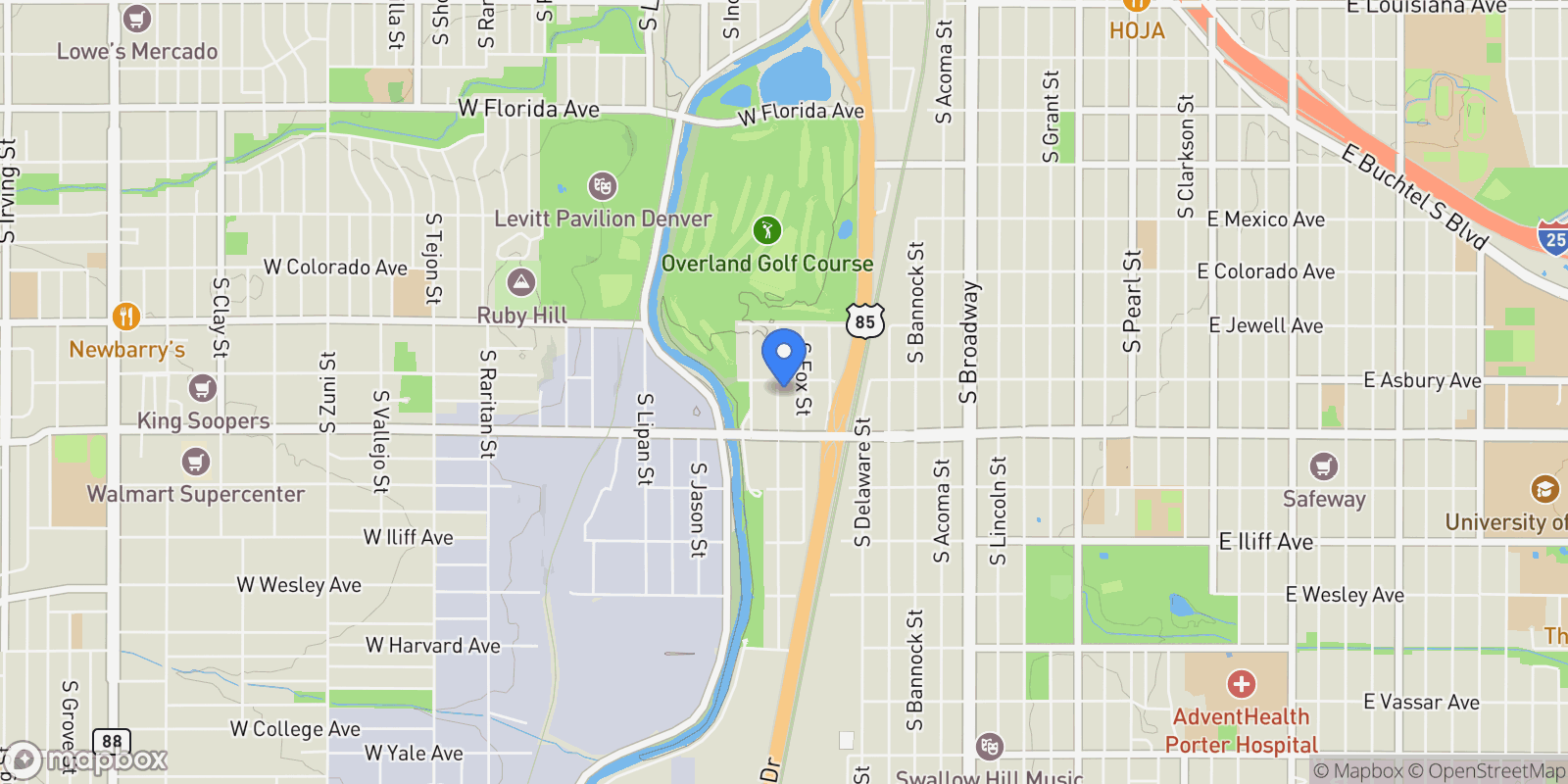 Map showing 2004 & 2008 S Galapago Street, Denver, Colorado, United States.