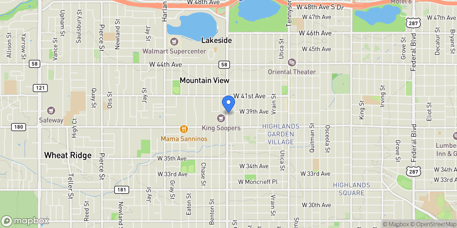 Map showing 3880 Sheridan Boulevard, Denver, Colorado, United States.