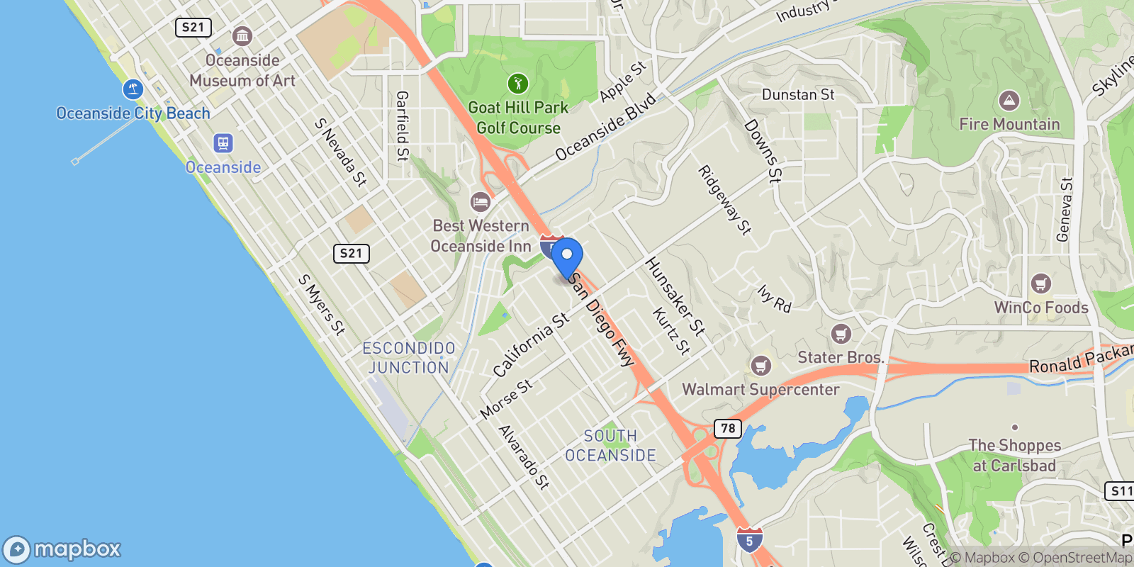 Map showing 1454 Moreno Street, Oceanside, California, United States.