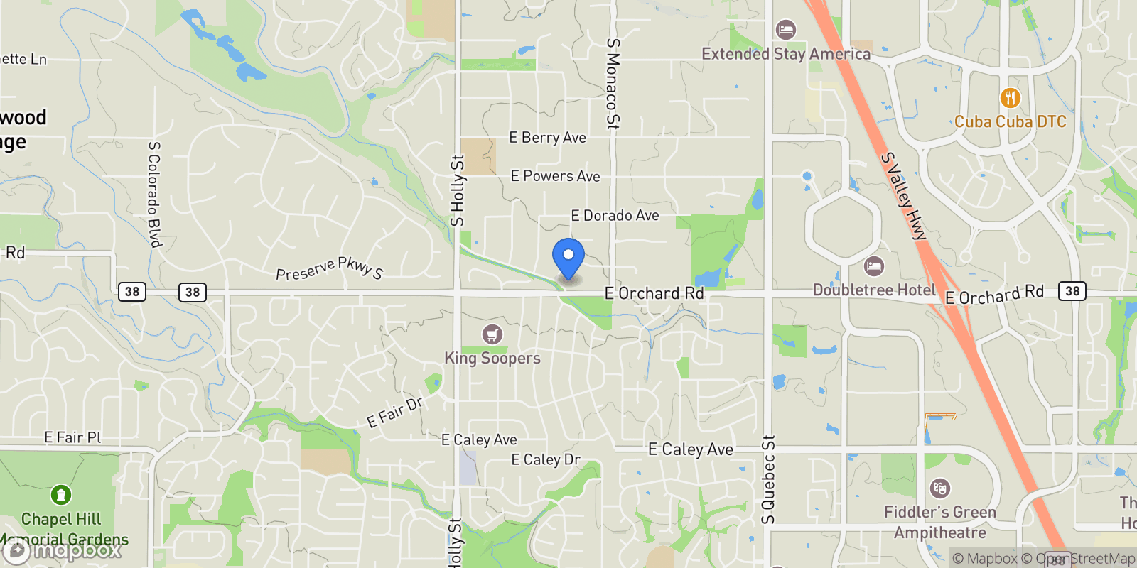 Map showing 6211 E Orchard Drive, Cherry Hills Village, Colorado, United States.