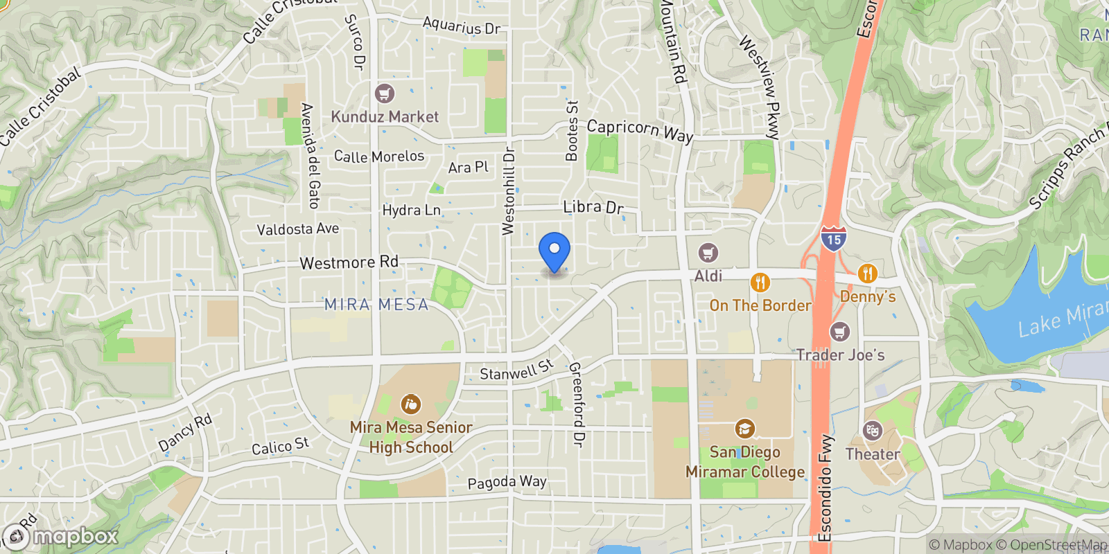 Map showing 8943 Calliandra Rd, San Diego, California, United States.
