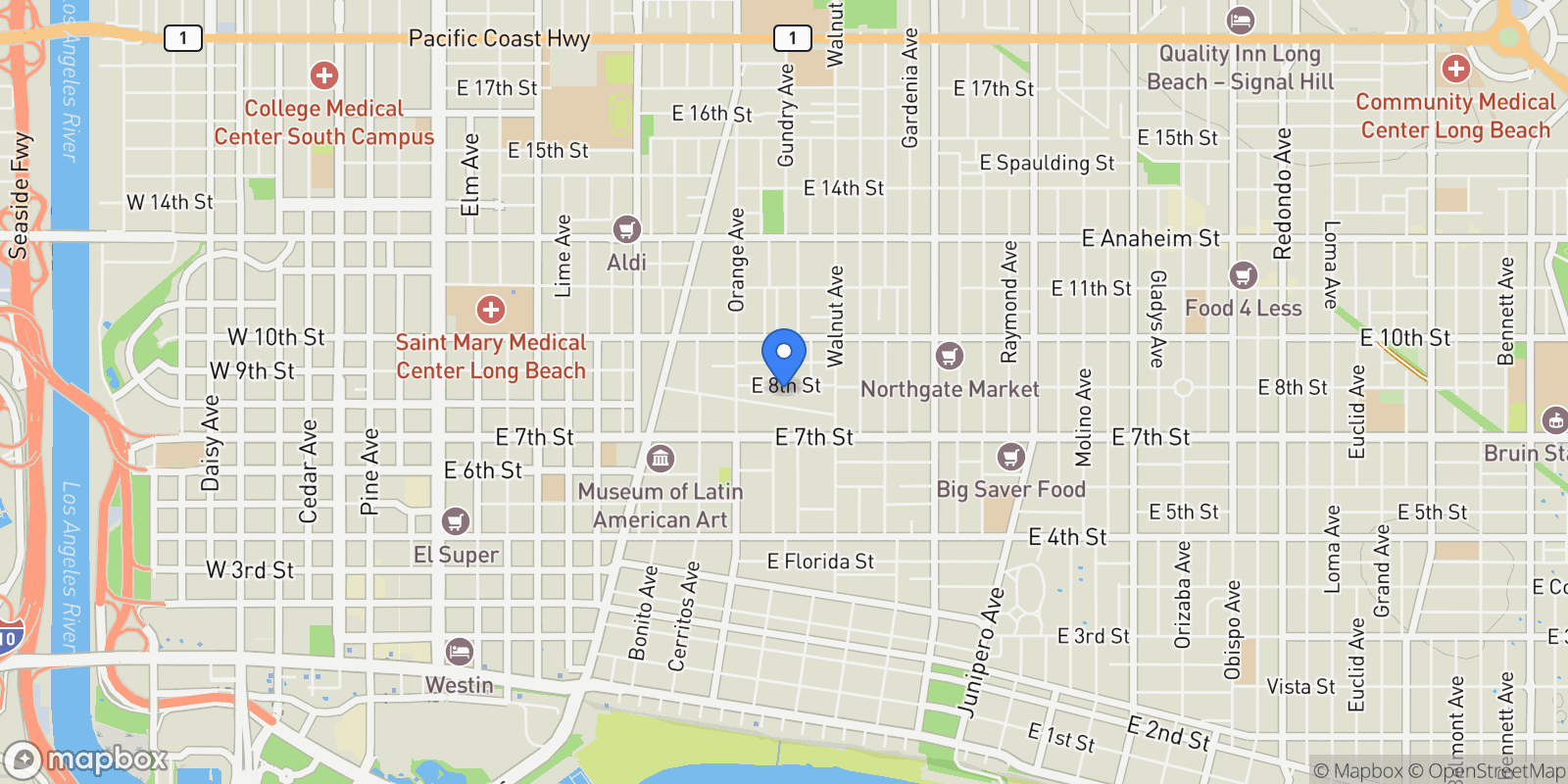 Map showing 1350 E 8th, Signal Hill, California, United States.