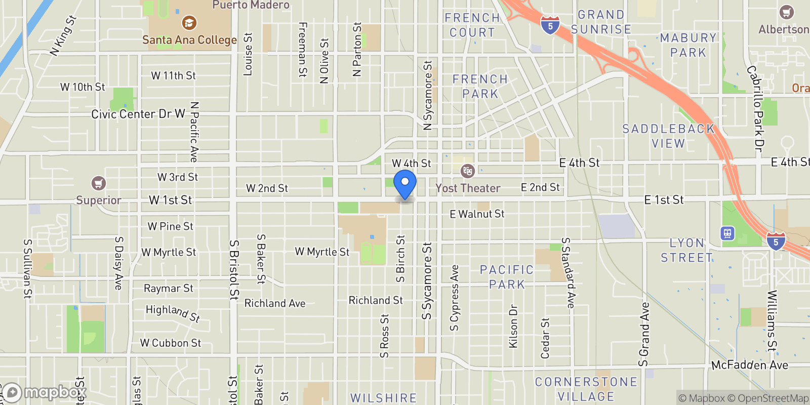 Map showing 101 S Birch Street, Santa Ana, California, United States.