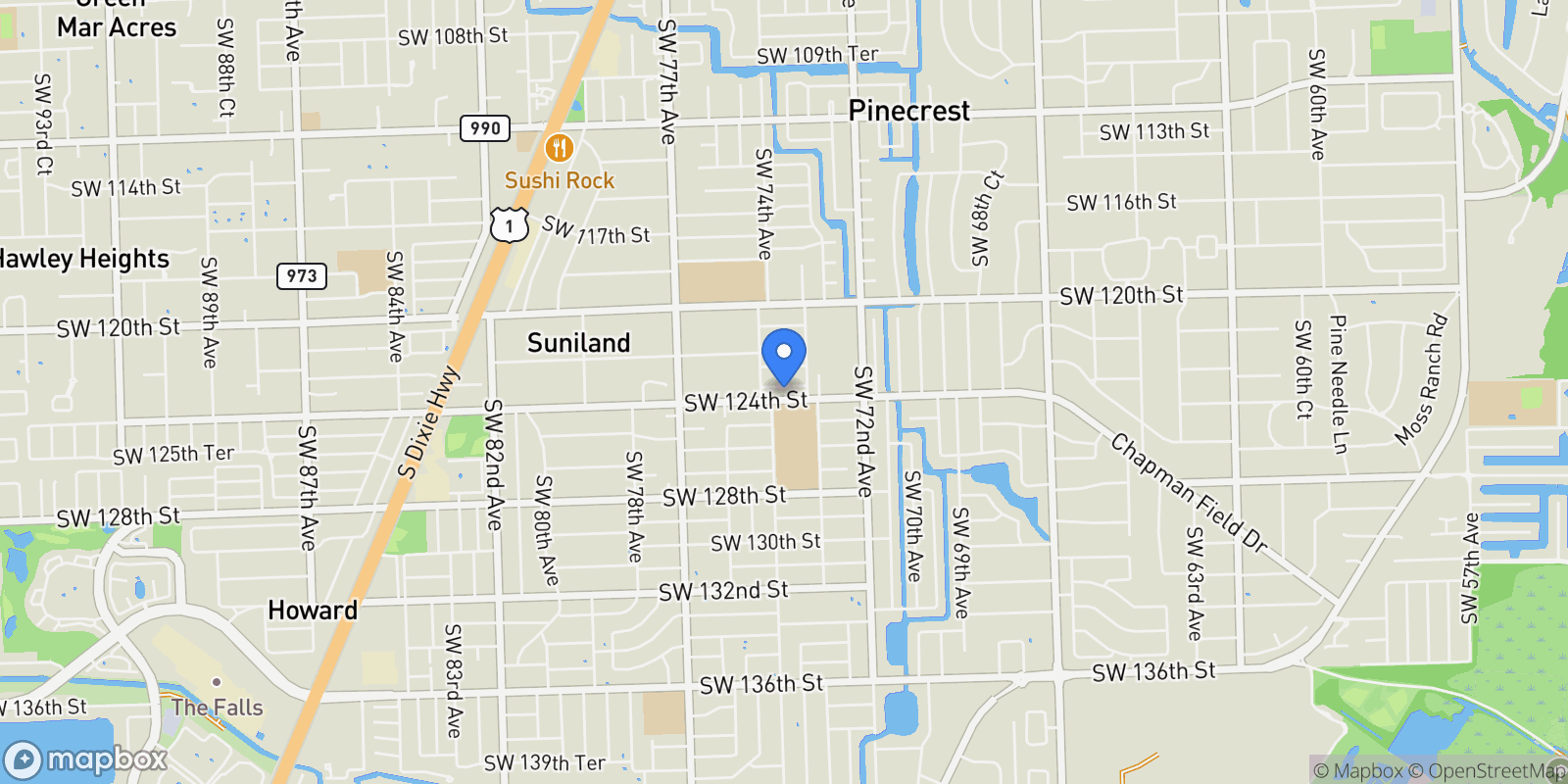 Map showing 7340 SW 123rd Ter, Coral Gables, Florida, United States.