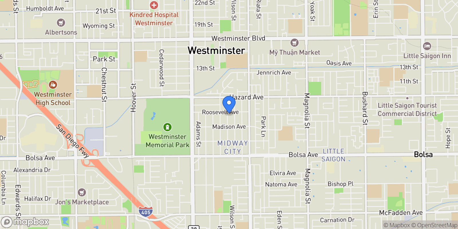 Map showing 14632 Jefferson Street, Midway City, California, United States.