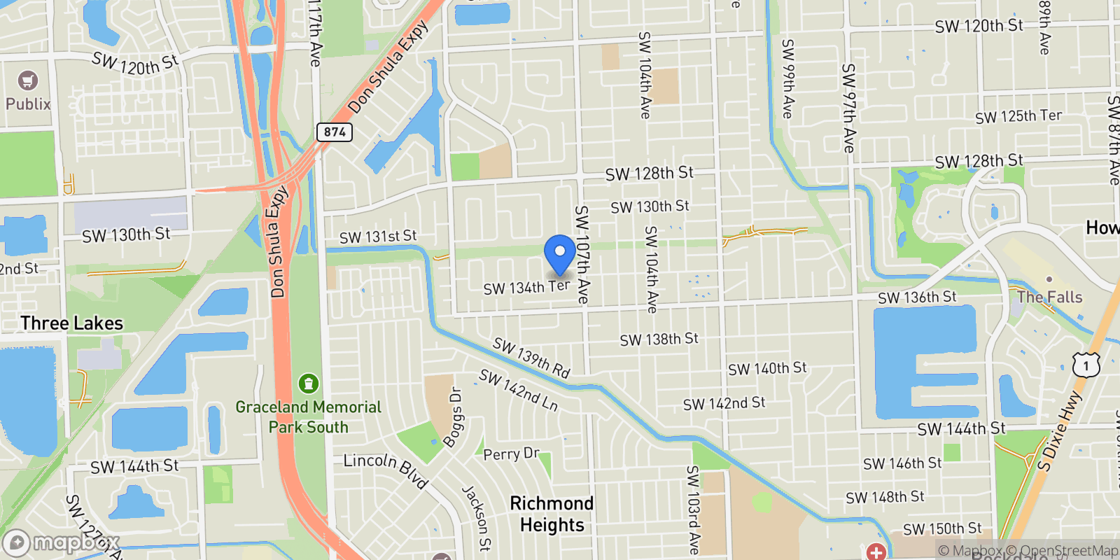 Map showing 10735 SW 134 Terrace, Miami, Florida, United States.