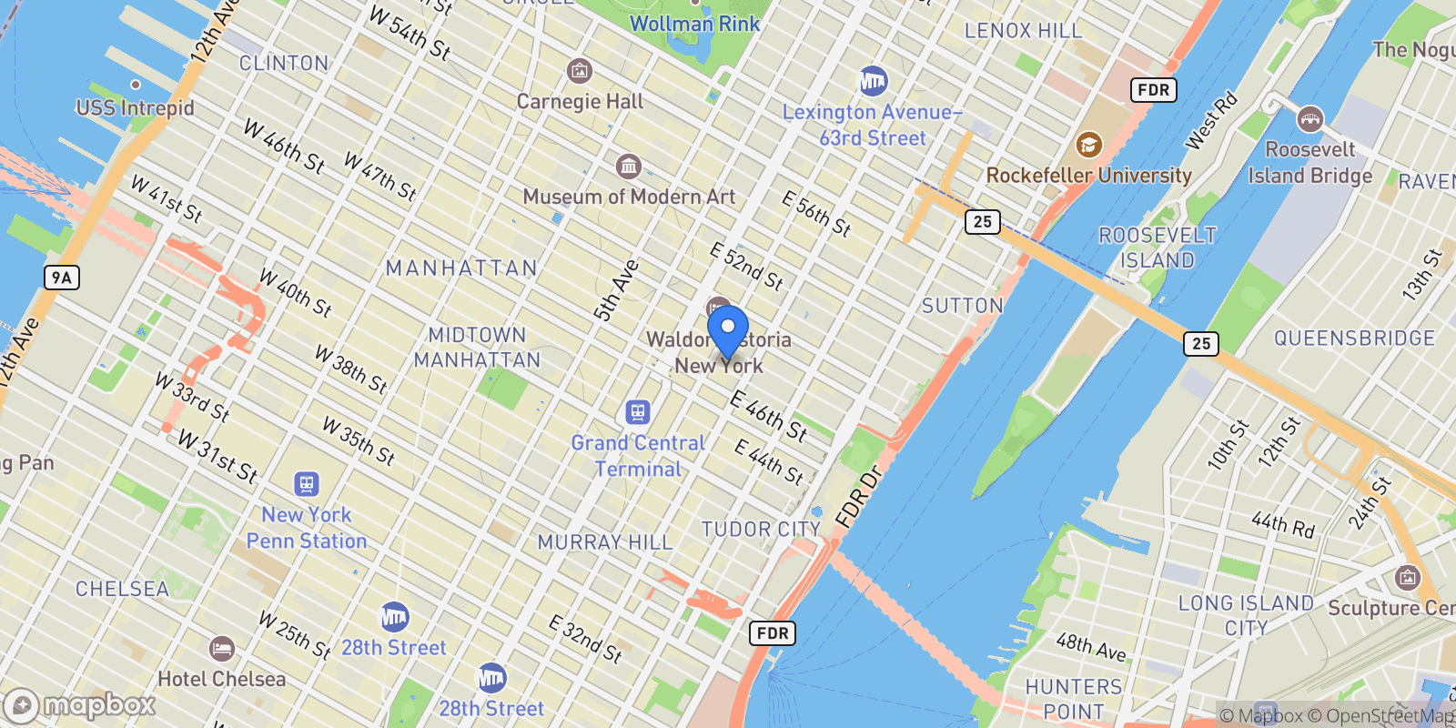 Map showing Monogram New York, 135 E 47TH ST, New York, New York, United States.