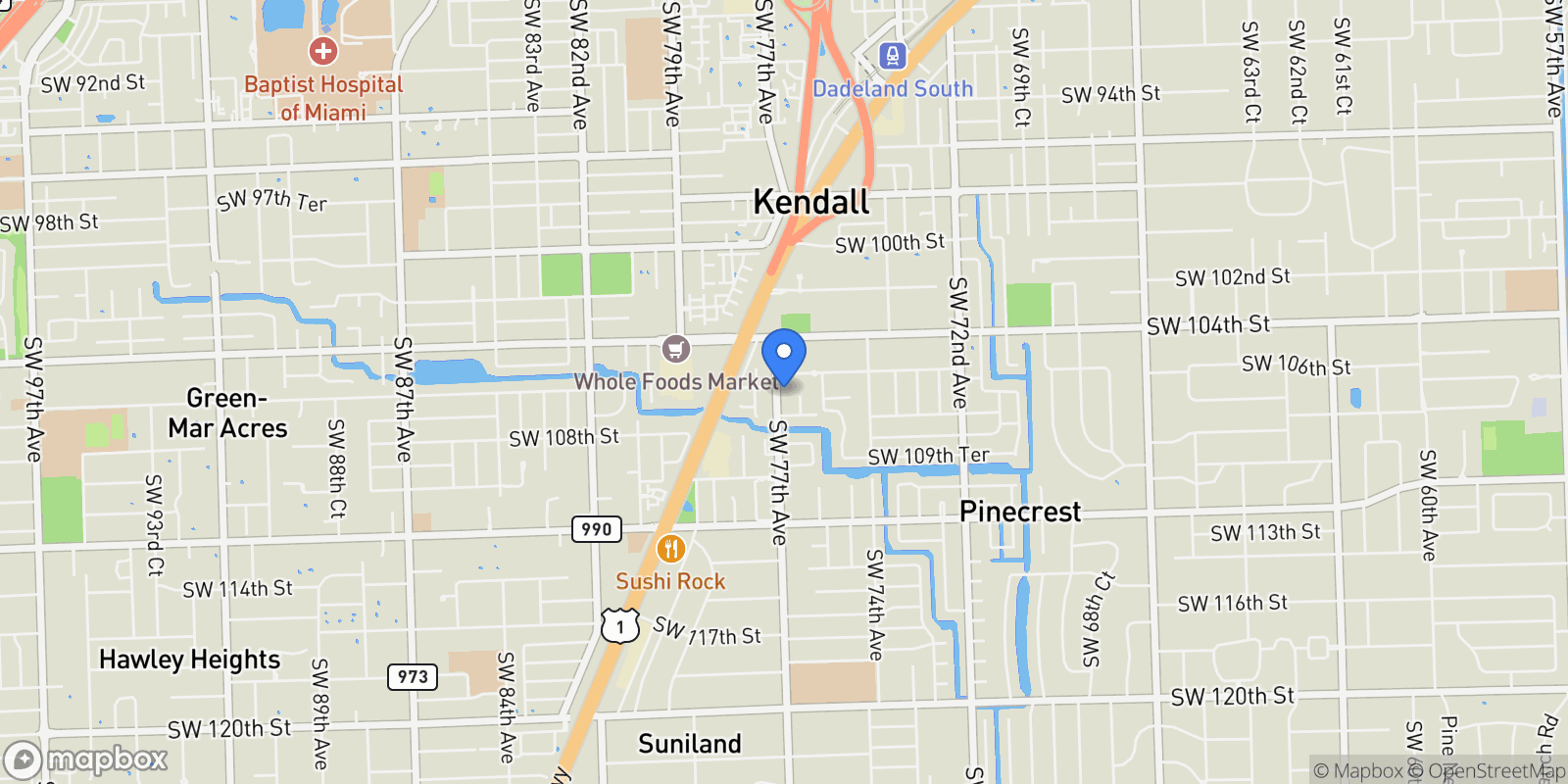 Map showing 10621 SW 77th Ave, Coral Gables, Florida, United States.