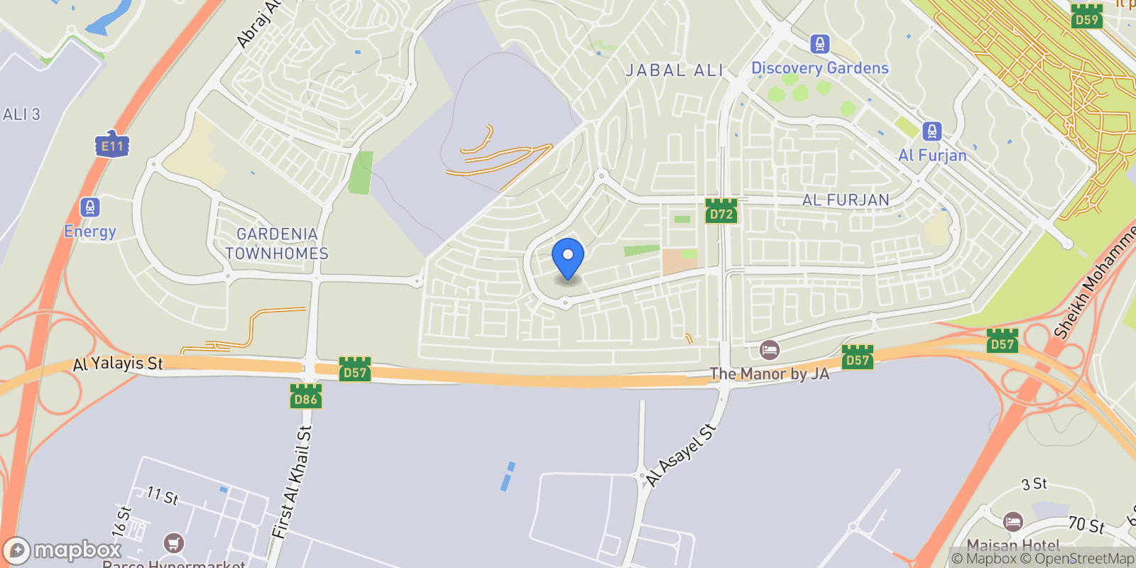 Map showing Al Furjan, Dubai, Dubai, Dubai, United Arab Emirates.