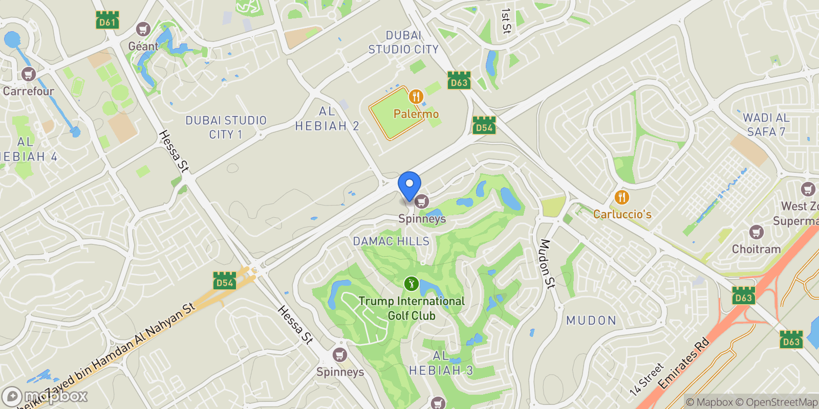 Map showing DAMAC Hills, Dubai, Dubai, Dubai, United Arab Emirates.