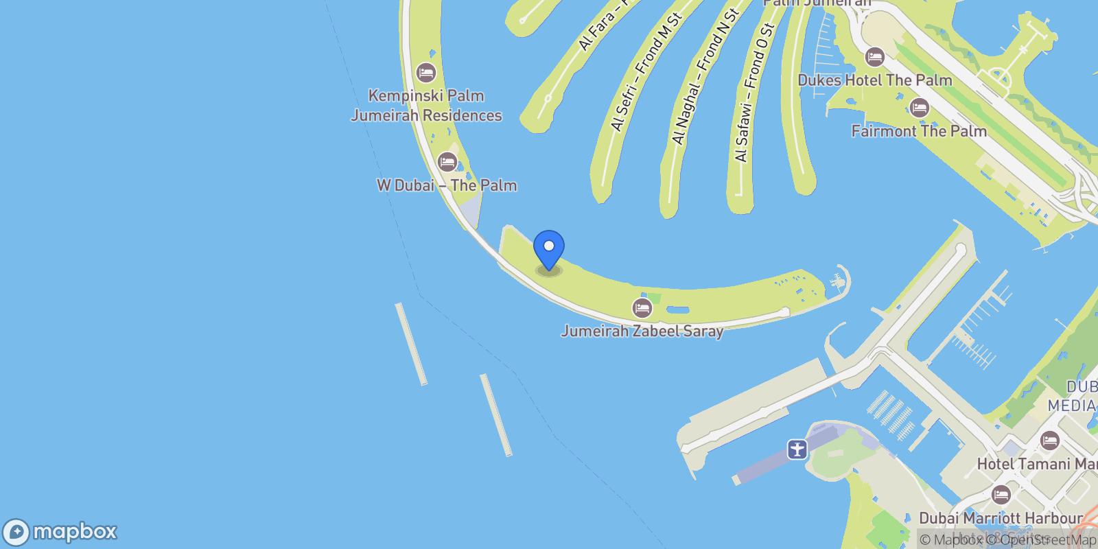 Map showing Palm Jumeirah, Dubai, Dubai, Dubai, United Arab Emirates.