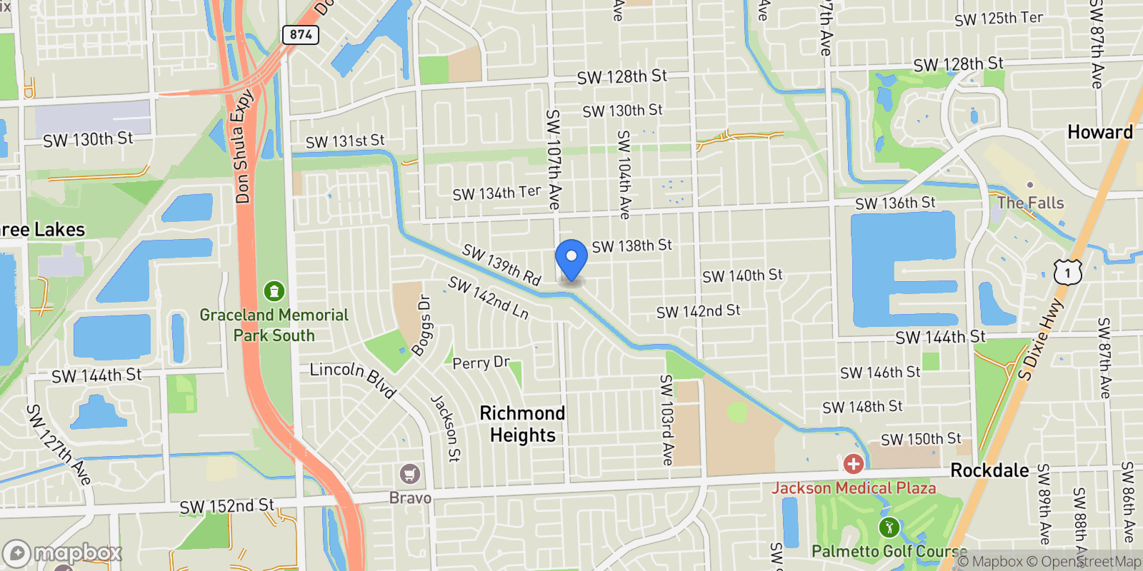 Map showing 10600 SW 140th St, Miami, Florida, United States.