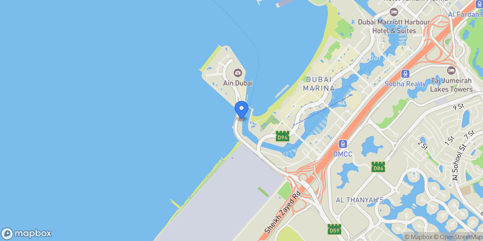 Map showing Bluewaters, Dubai, Dubai, Dubai, United Arab Emirates.
