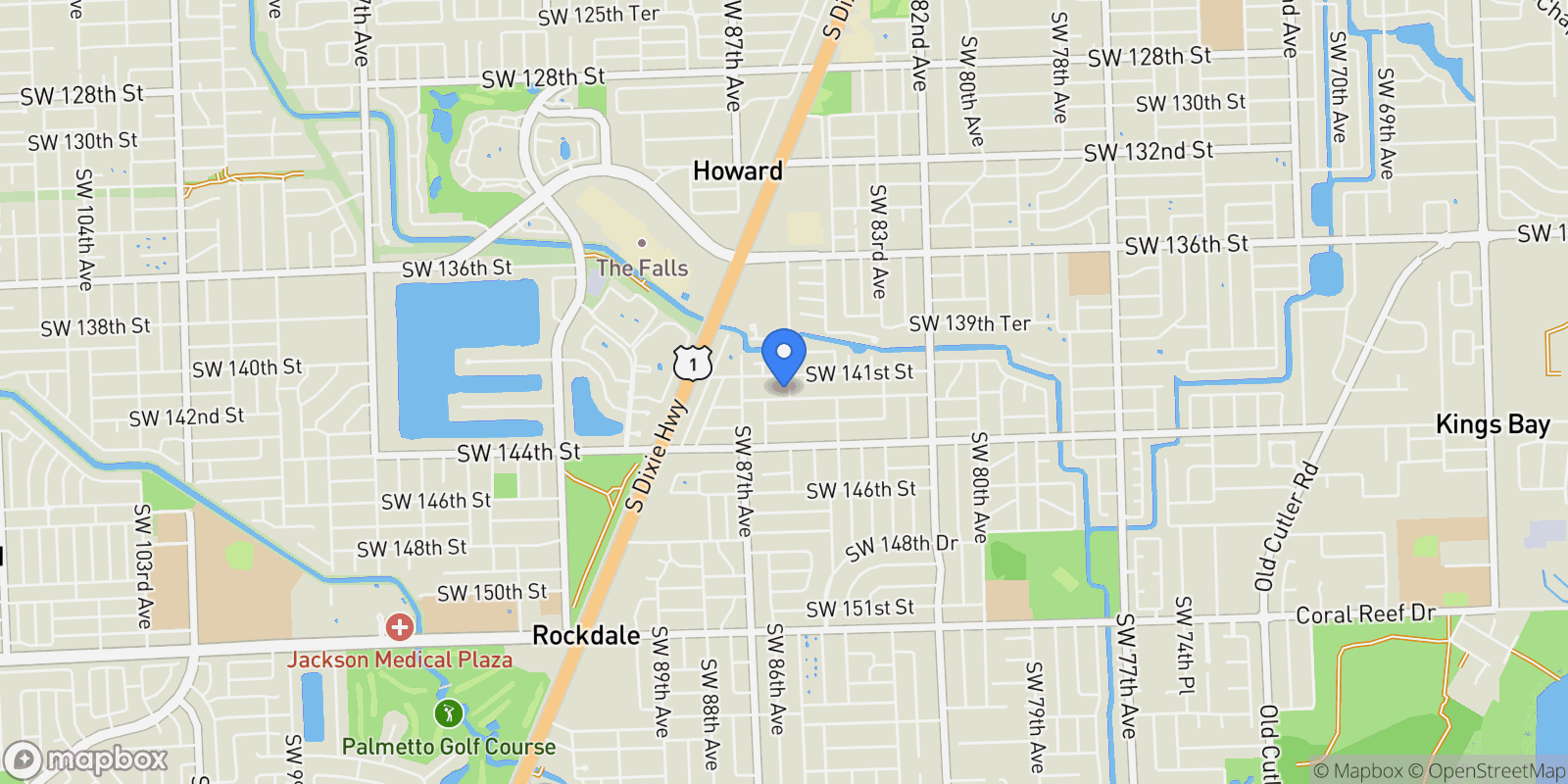 Map showing 8501 SW 142nd St, Coral Gables, Florida, United States.