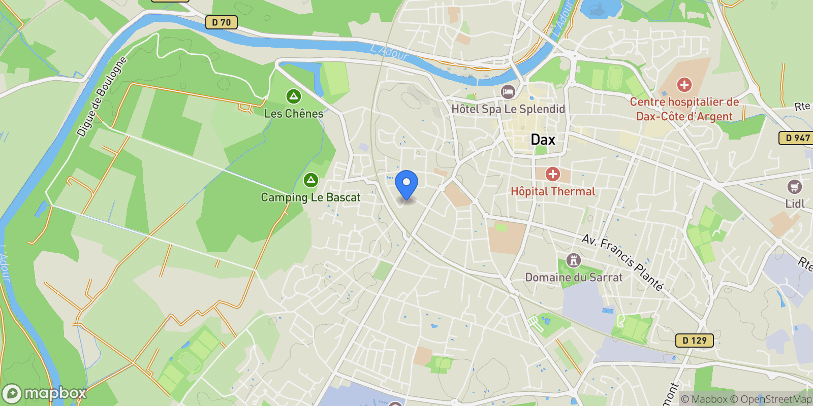 Map showing Dax, Nouvelle-Aquitaine, France.