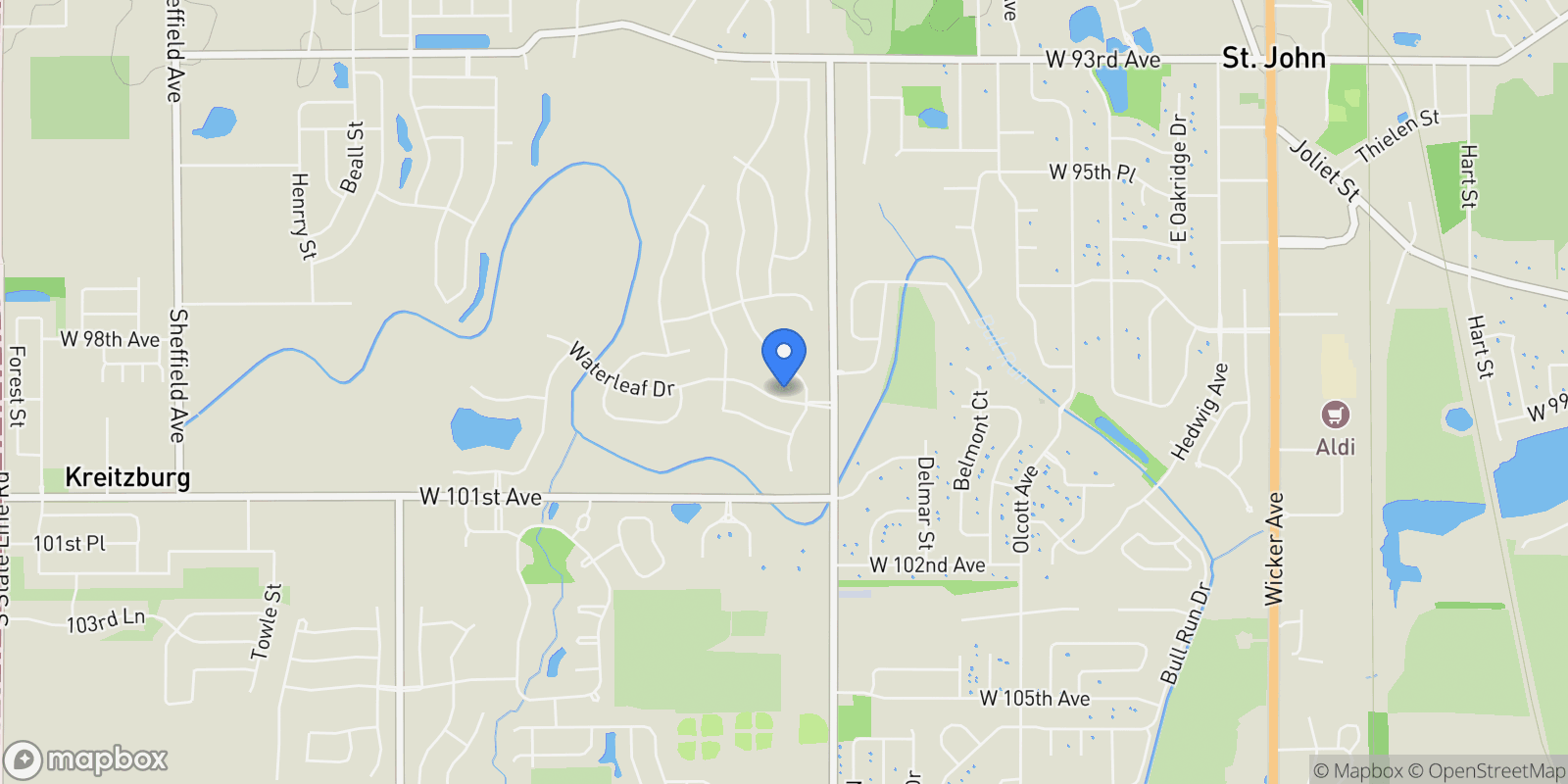 Map showing 13028 Waterleaf Drive, St. John, IN 46373, Saint John, Indiana, United States.