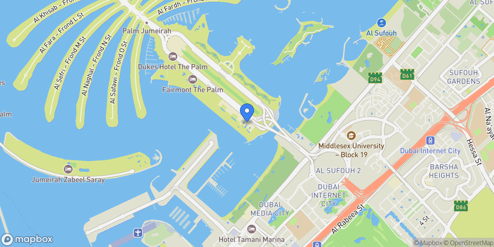 Map showing FIVE Palm Jumeirah, FIVE Palm Jumeirah
            , Dubai, Dubai, Dubai, United Arab Emirates.