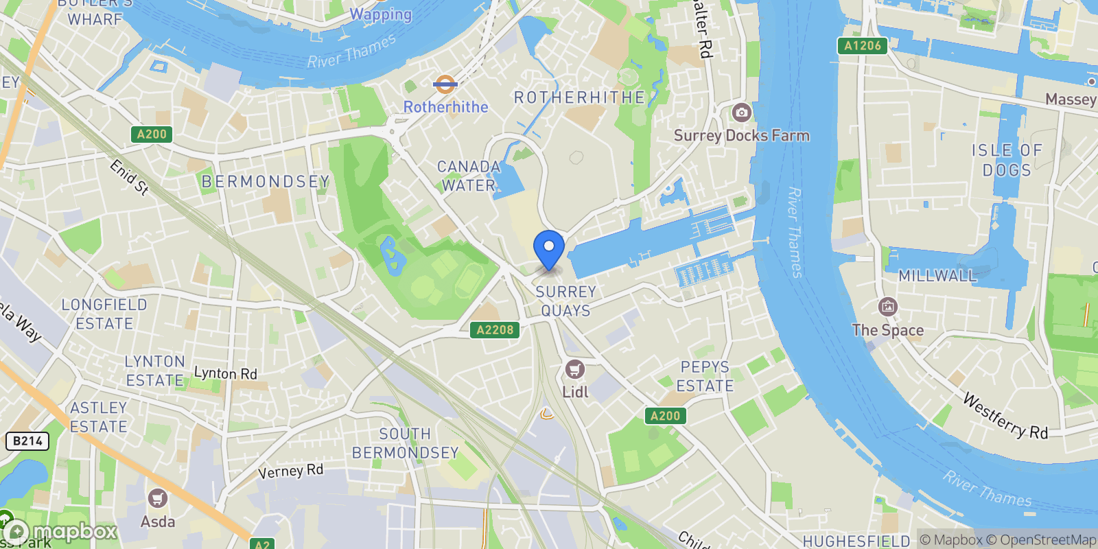 Map showing 56 Claremont House, 28 Quebec Way, London, England, United Kingdom.