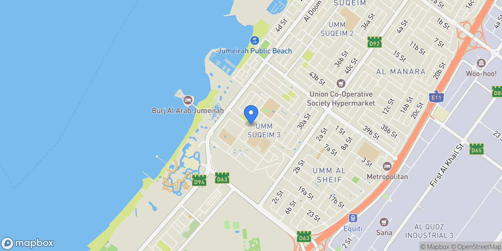 Map showing Umm Suqeim 3 Villas, Umm Suqeim 3
            , Dubai, Dubai, Dubai, United Arab Emirates.