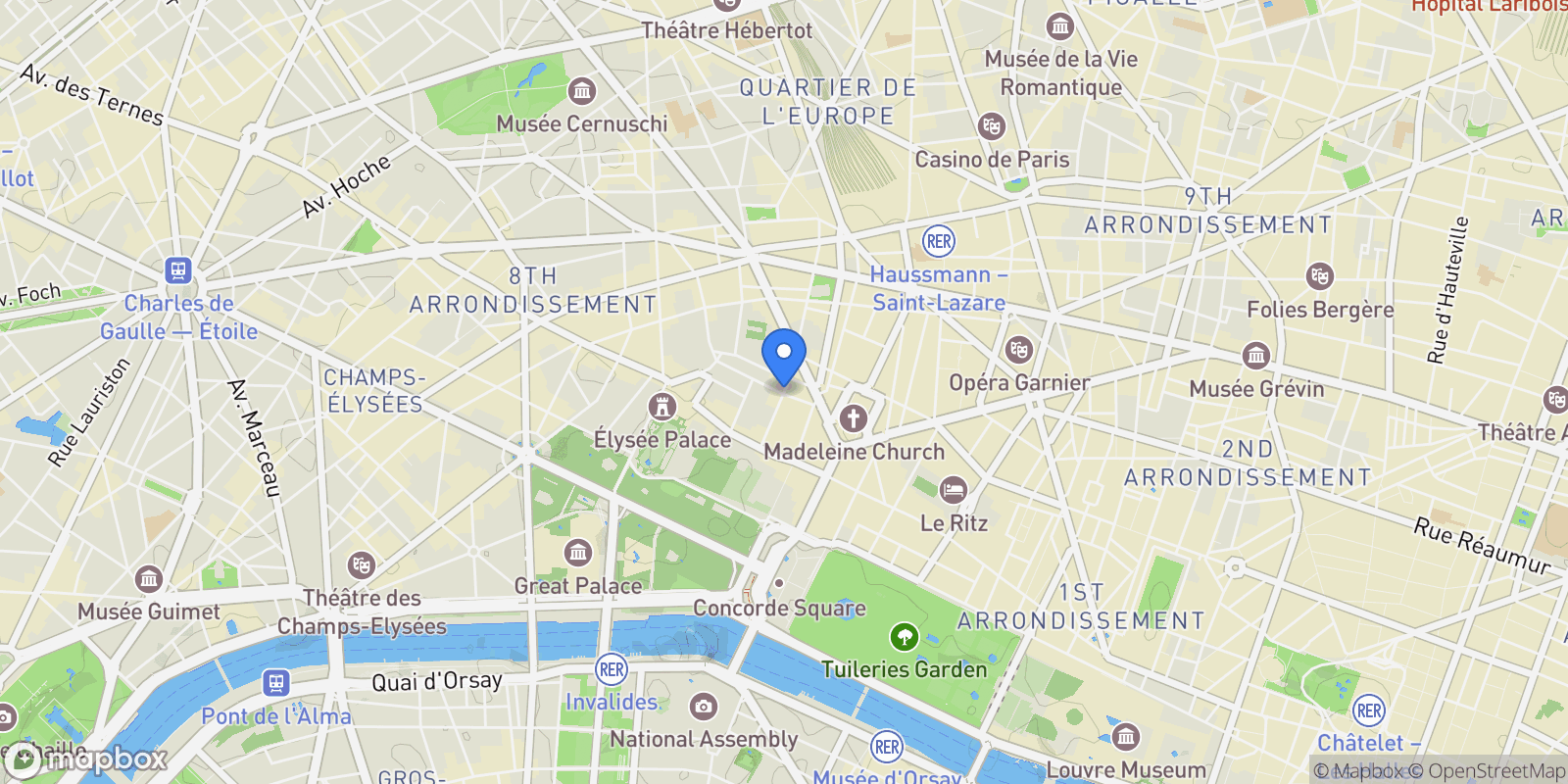 Map showing Faubourg Saint-Honoré, Paris, Île-de-France, France.