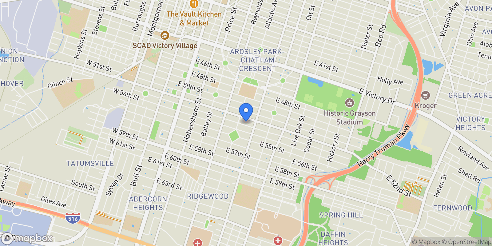 Map showing 520 E 53rd Street, Savannah, Georgia, United States.