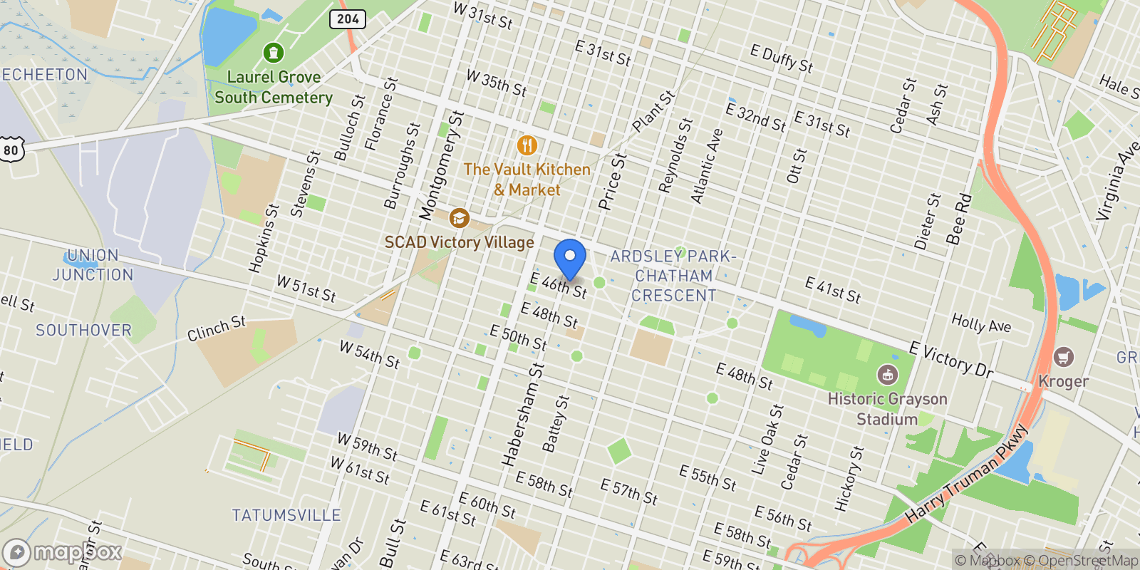 Map showing 206 E 46th Street, Savannah, Georgia, United States.