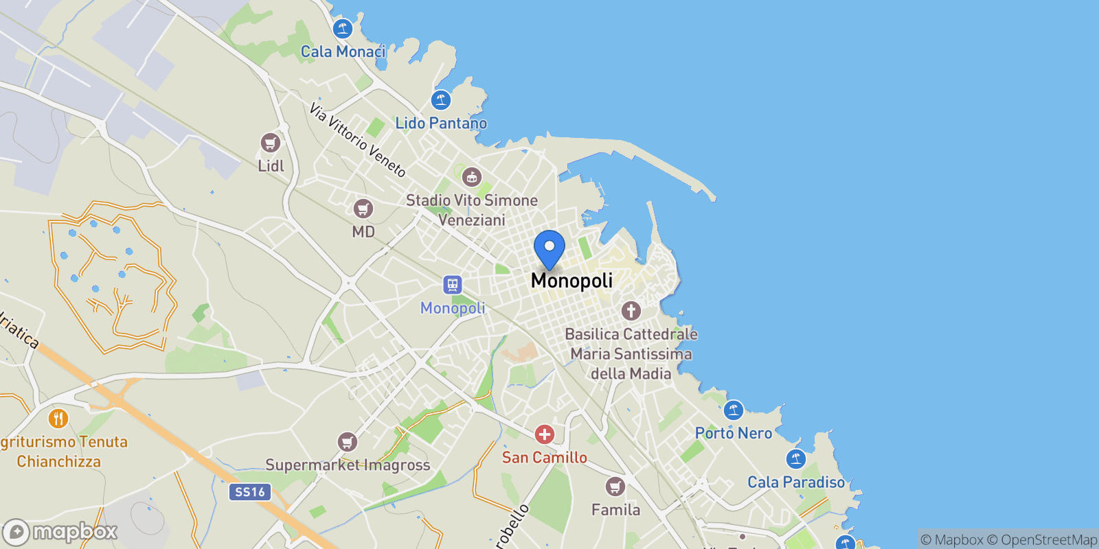 Map showing Monopoli, Apulia, Italy.