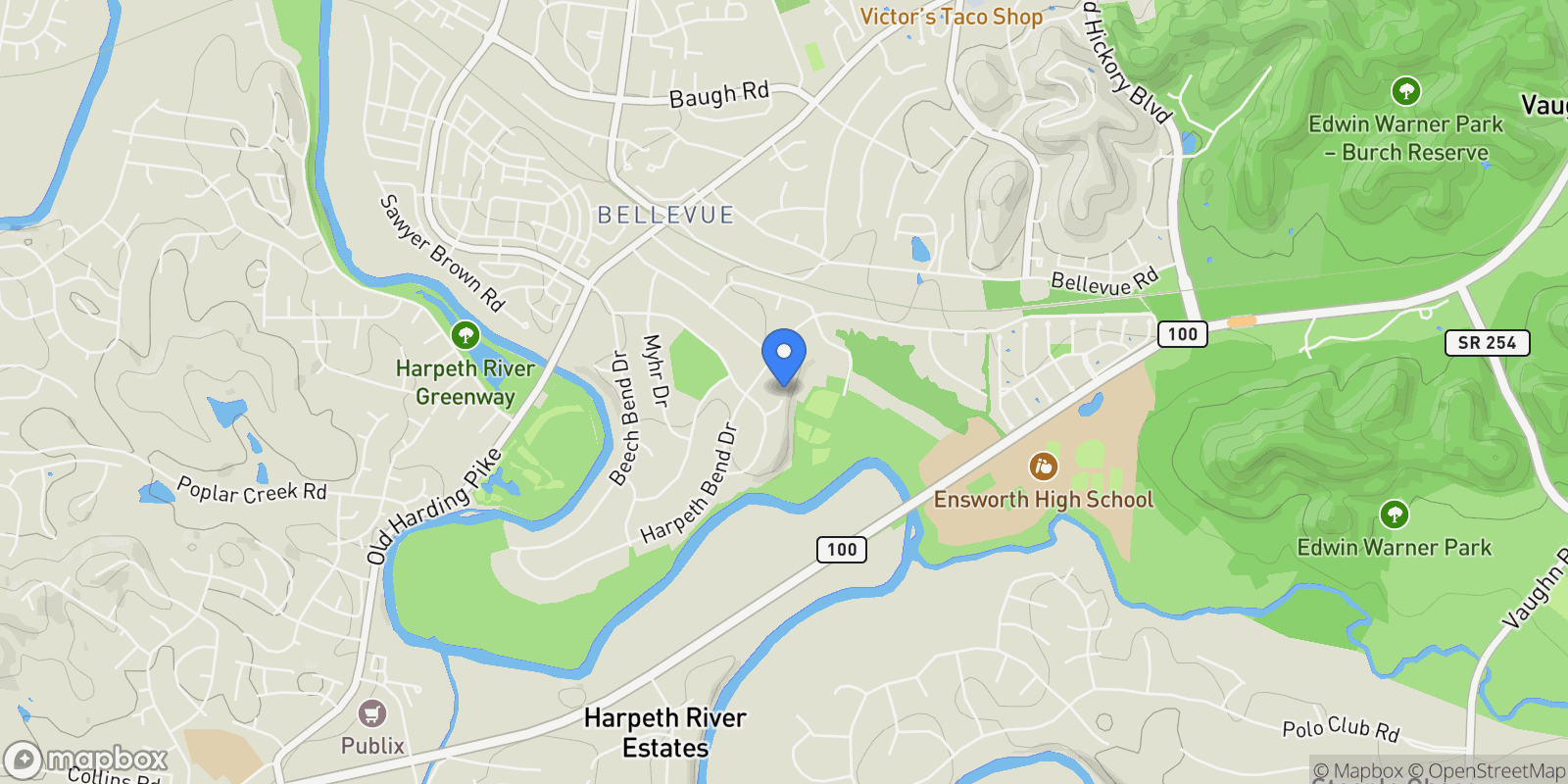 Map showing 701 Harpeth Knoll Ct, Nashville, Tennessee, United States.