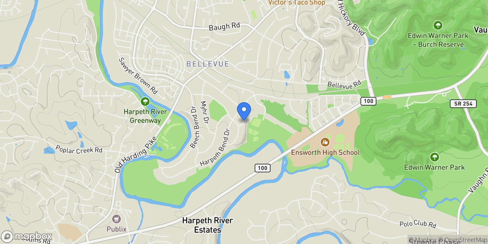 Map showing 705 Harpeth Knoll Ct, Nashville, Tennessee, United States.