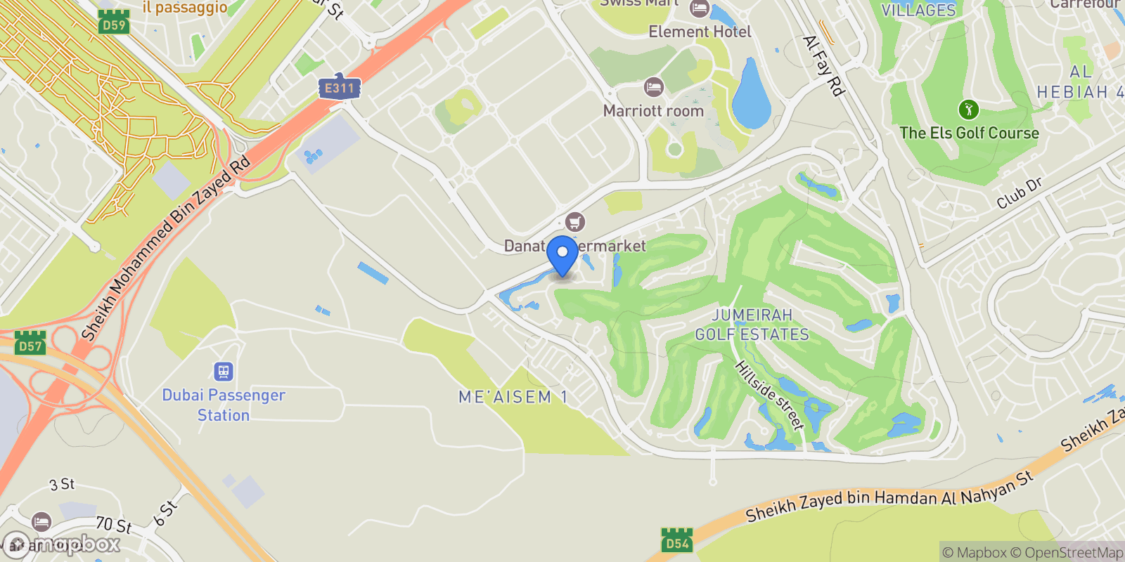 Map showing Dubai - Jumeirah Golf Estates - Earth - Sanctuary Falls, NA, Dubai, Dubai, United Arab Emirates.