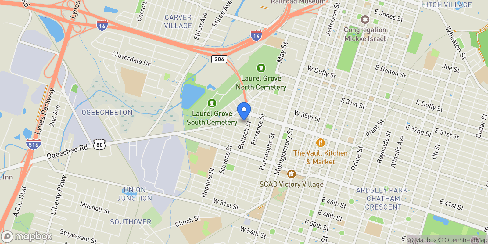 Map showing 913-917 W 38th Street, Savannah, Georgia, United States.