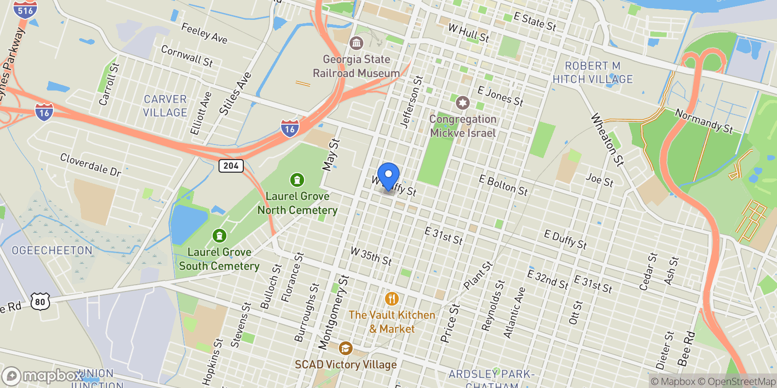 Map showing 216 W Henry Street, Savannah, Georgia, United States.