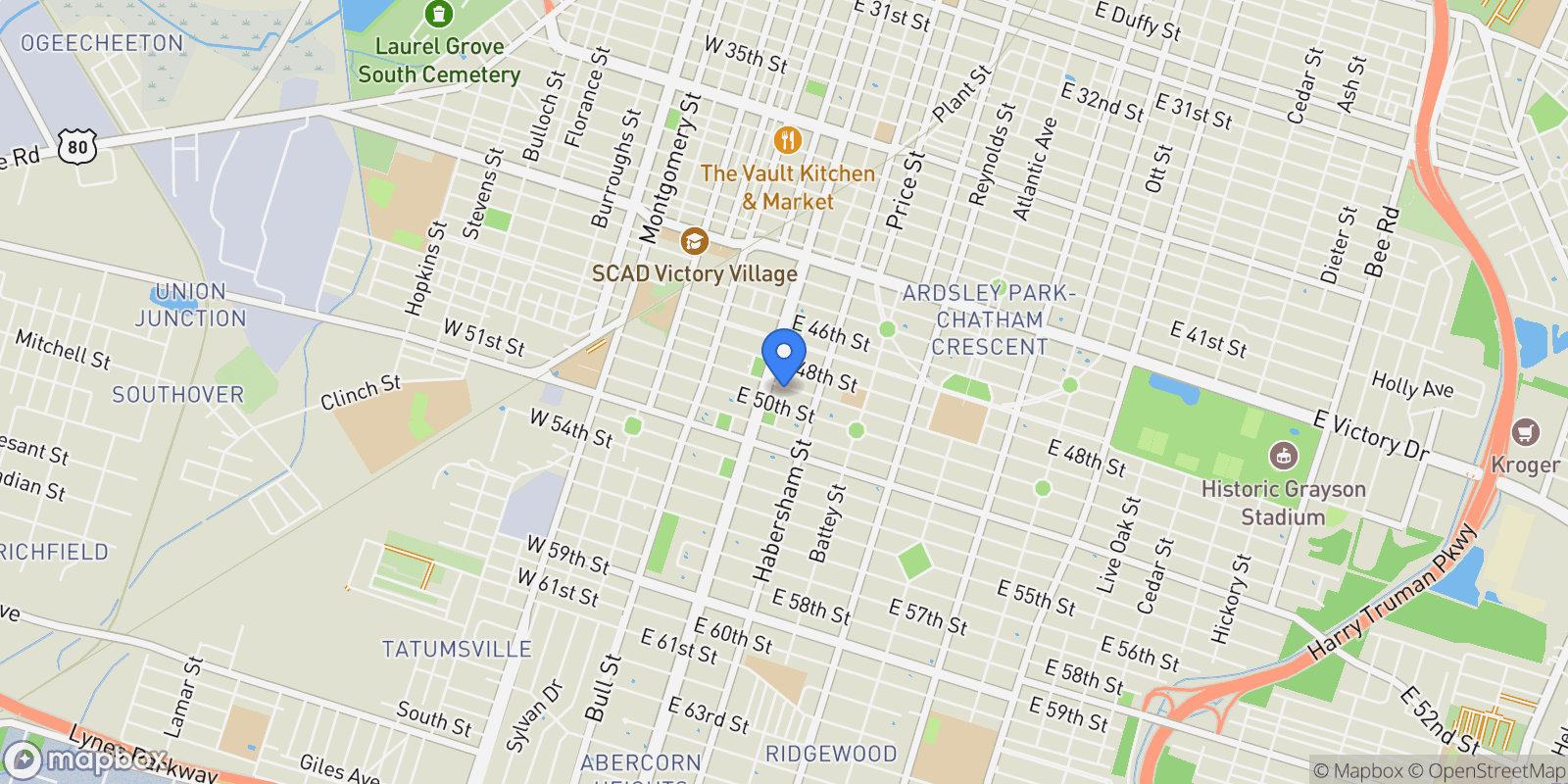 Map showing 111 E 49th Street, Savannah, Georgia, United States.