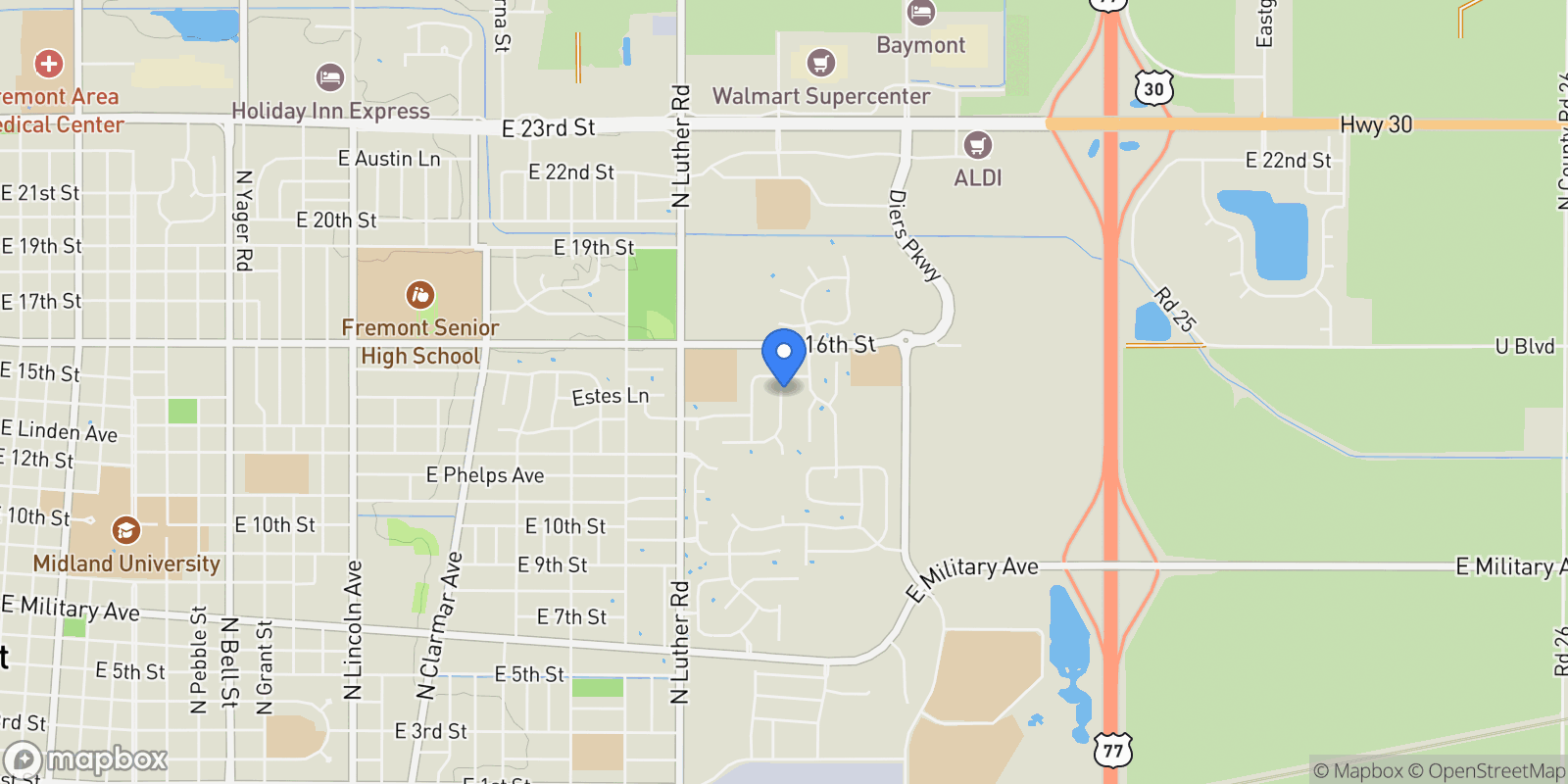 Map showing 1424 Woodlawn Drive, Fremont, NE 68025, Fremont, Nebraska, United States.