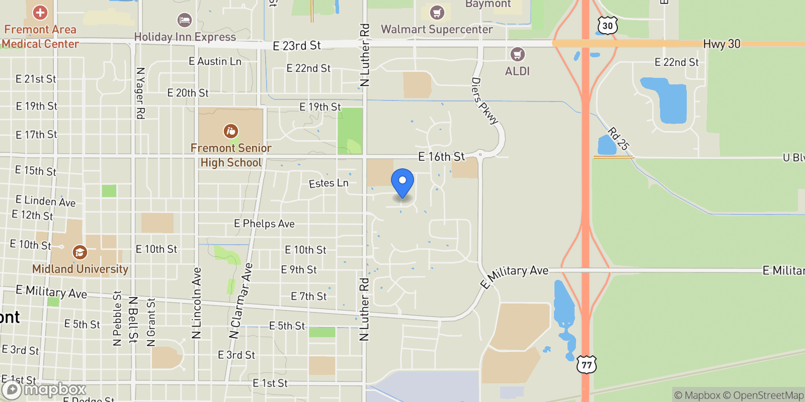 Map showing 1280 N Bristolwood Drive, Fremont, NE 68025, Fremont, Nebraska, United States.