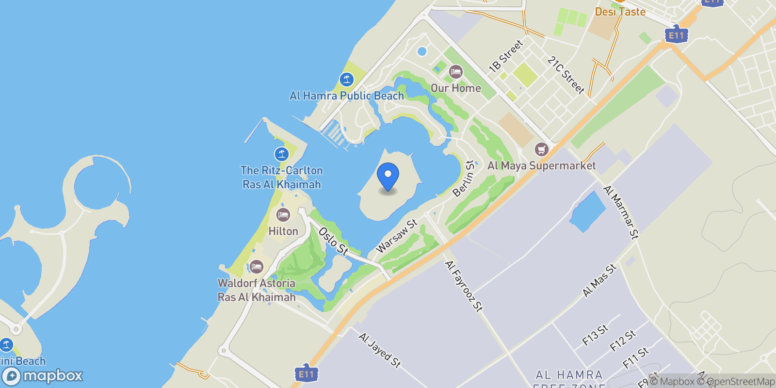 Map showing Falcon Island, Al Hamra Village, Al Jazeera Al Hamra, Ras al Khaimah, United Arab Emirates.