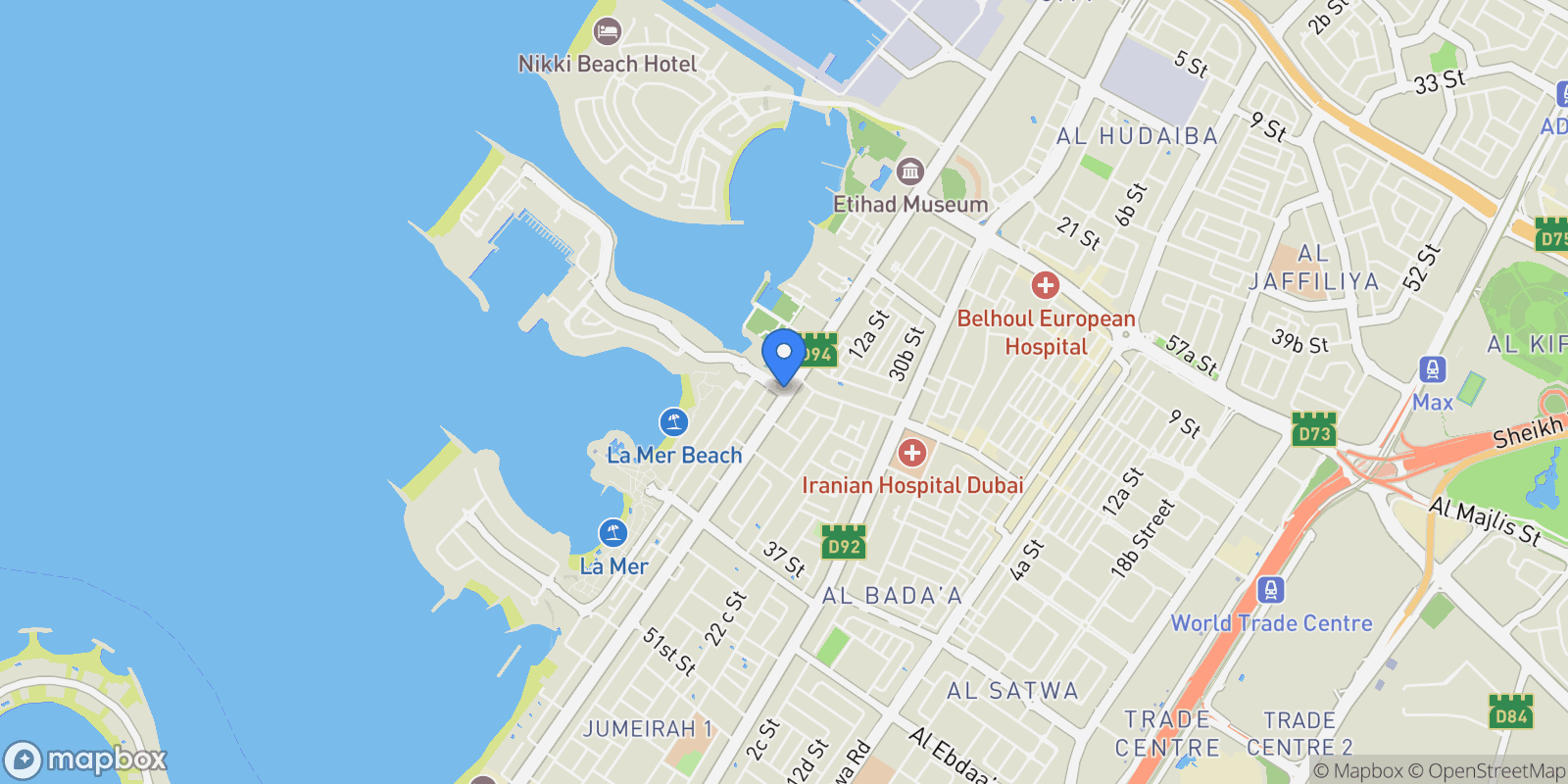 Map showing La Mer, Jumeirah, Dubai, Dubai, United Arab Emirates.
