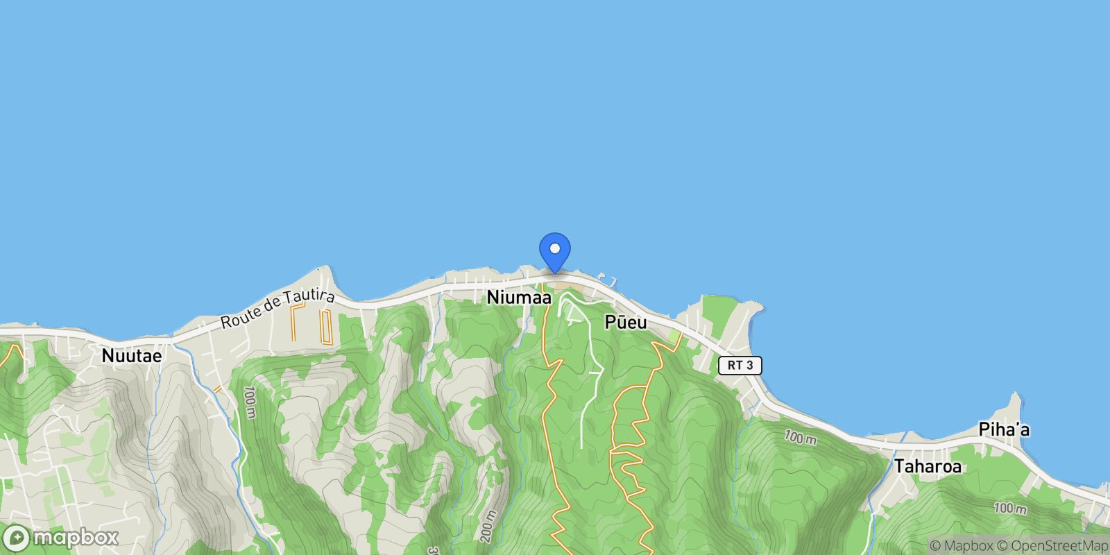 Map showing Pueu, Pueu, Taiarapu-Est, Windward Islands, French Polynesia.