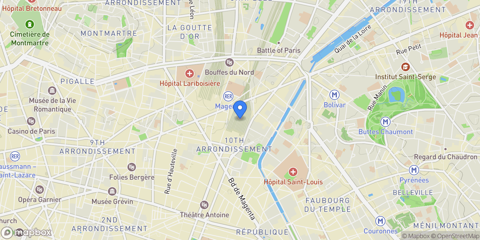 Map showing PARIS, J 75010, Paris, Île-de-France, France.